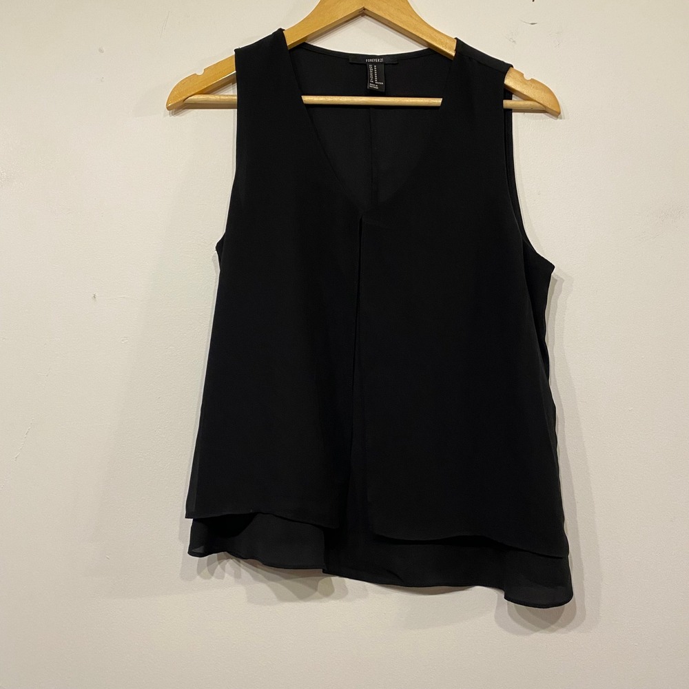 Forever 21 Womens Black Sleeveless V-Neck Double Layered Blouse Top Size M